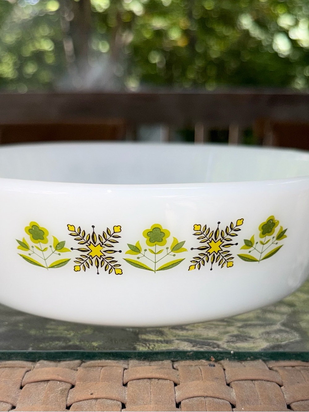 Pyrex White Serving Bowl with Green and Yellow Floral Border